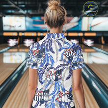 Load image into Gallery viewer, Blue Palm tropical pattern American Flag Bowling shirts For Women custom bowling team jerseys NQS11097