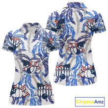 Load image into Gallery viewer, Blue Palm tropical pattern American Flag Bowling shirts For Women custom bowling team jerseys NQS11097