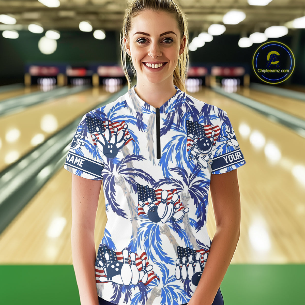 Blue Palm tropical pattern American Flag Bowling shirts For Women custom bowling team jerseys NQS11097