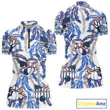 Load image into Gallery viewer, Blue Palm tropical pattern American Flag Bowling shirts For Women custom bowling team jerseys NQS11097