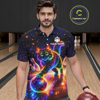 Personalized Bowling Shirts for Men Custom Cat Team Bowling Apparel, Colorful Neon bowling shirts NQS11517