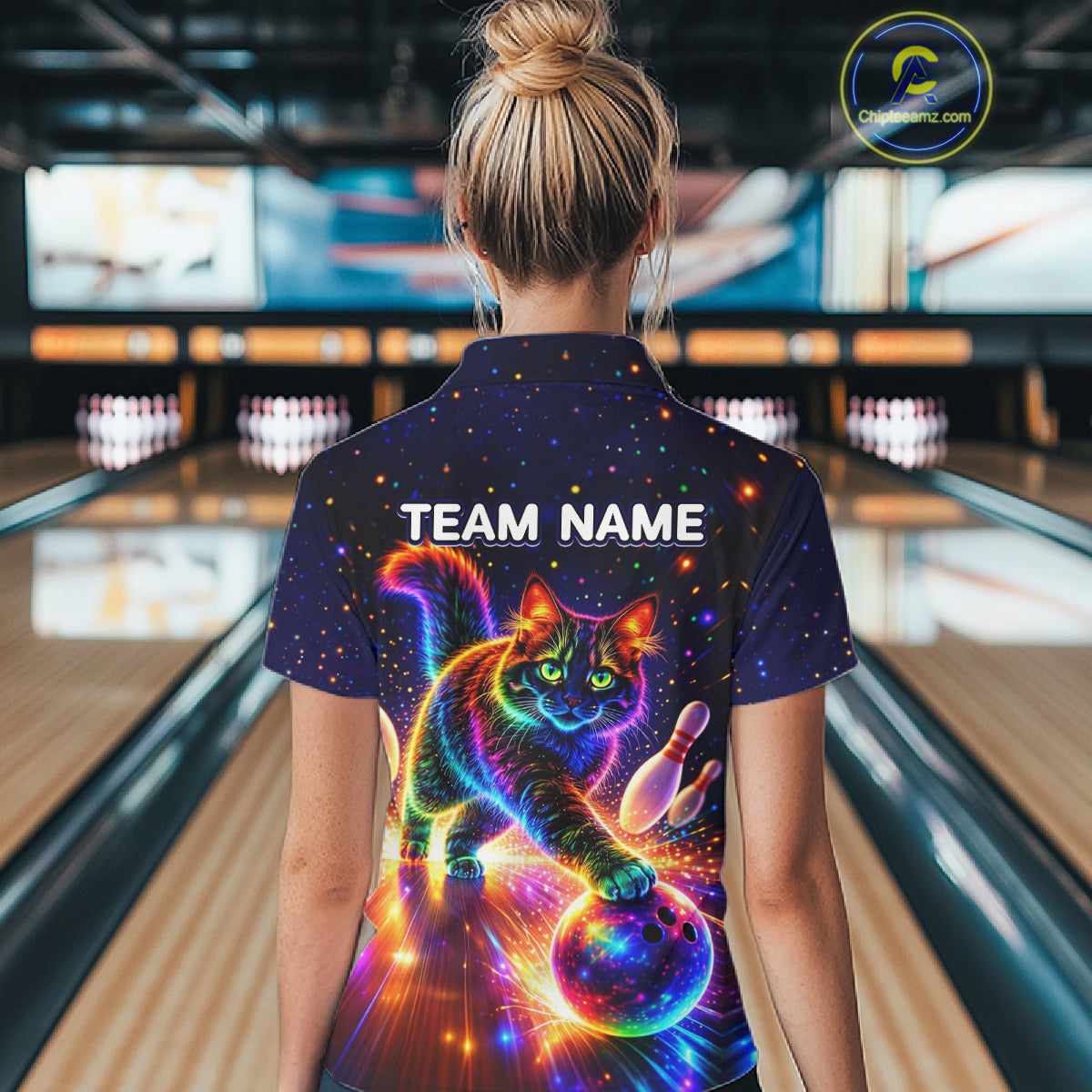 Personalized Bowling Shirts for Women Custom Cat Team Bowling Apparel, Colorful Neon bowling shirts NQS11517