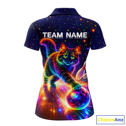 Personalized Bowling Shirts for Women Custom Cat Team Bowling Apparel, Colorful Neon bowling shirts NQS11517