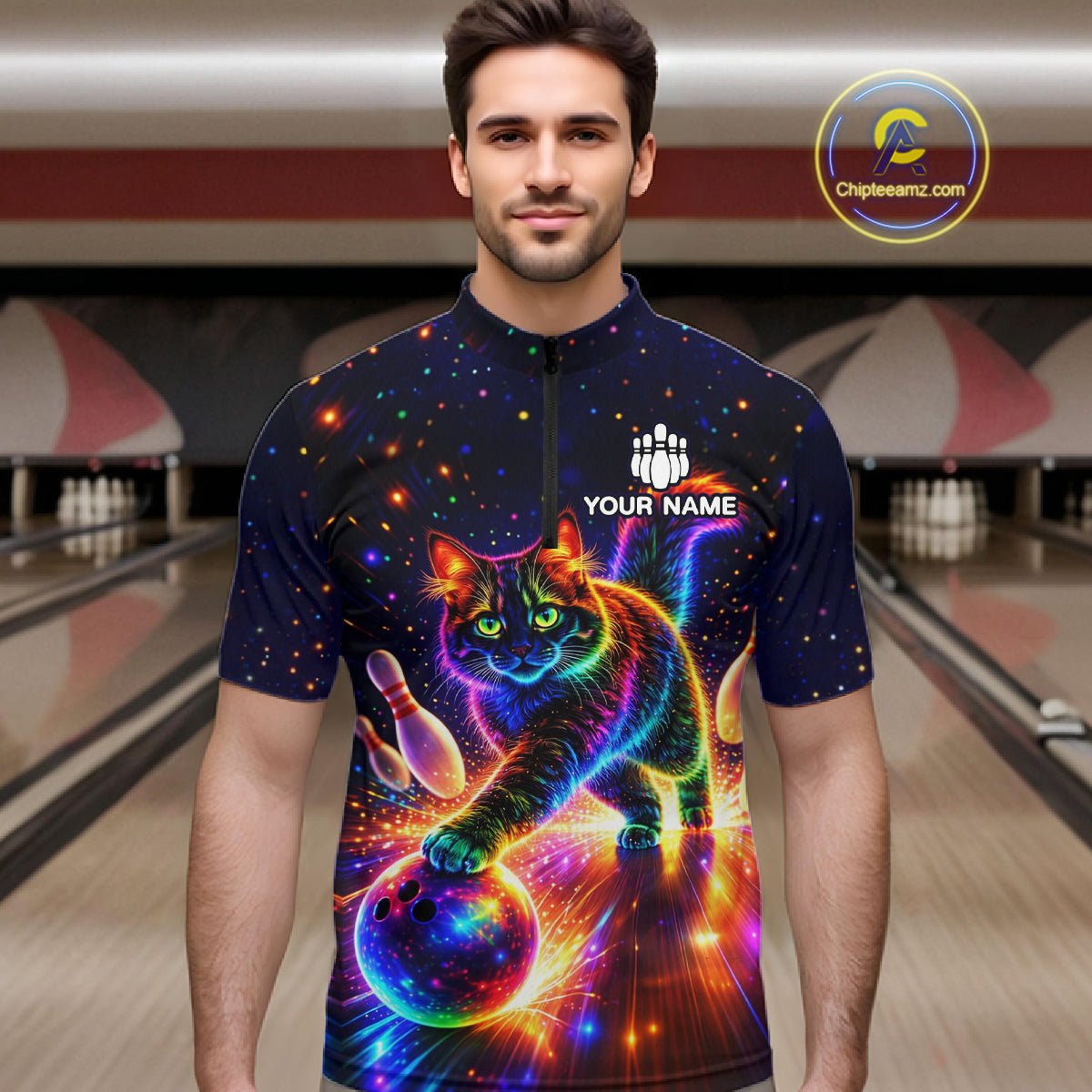 Personalized Bowling Shirts for Men Custom Cat Team Bowling Apparel, Colorful Neon bowling shirts NQS11517