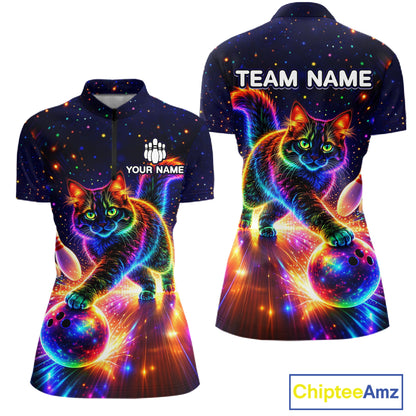 Personalized Bowling Shirts for Women Custom Cat Team Bowling Apparel, Colorful Neon bowling shirts NQS11517