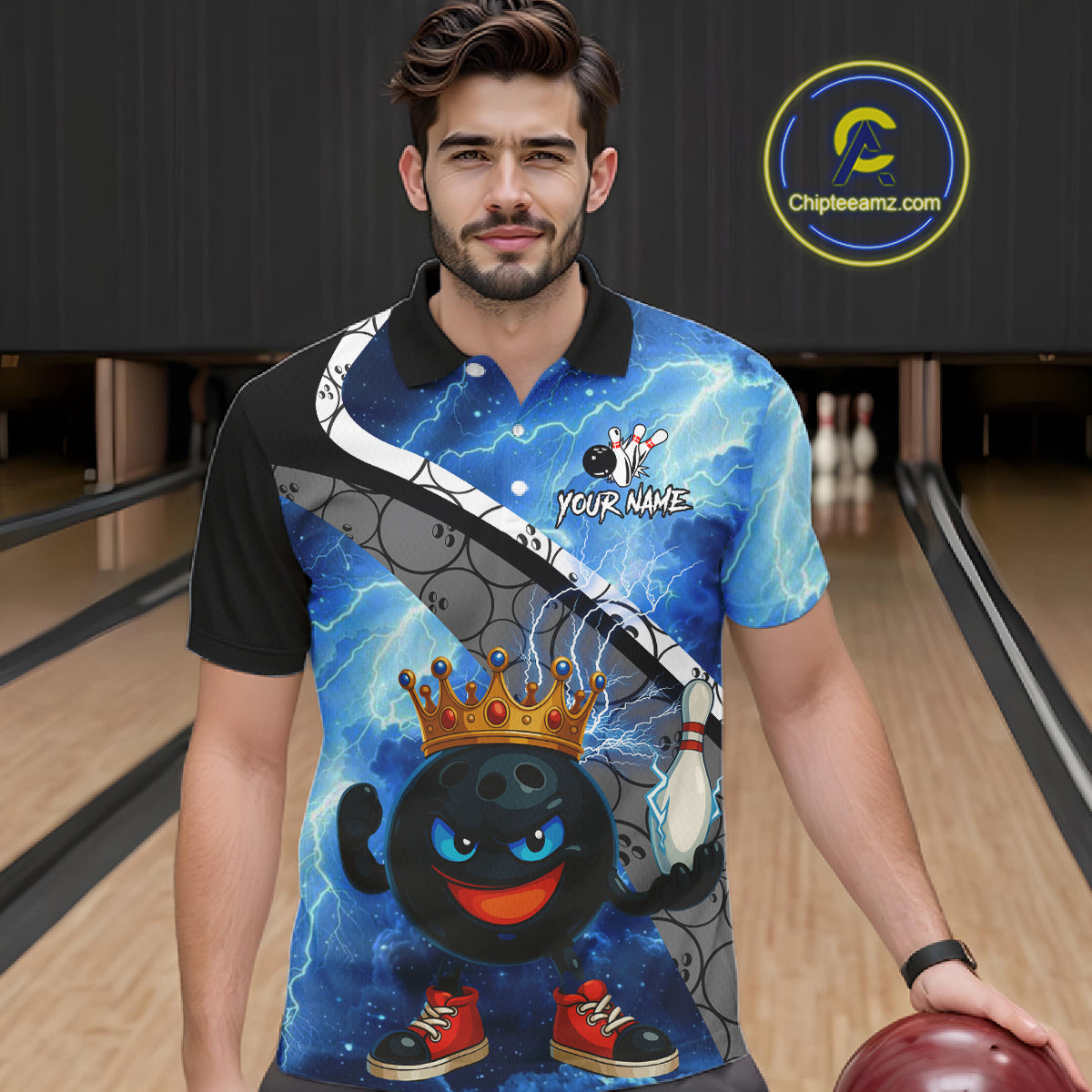 Funny King Crown Bowling Blue Lightning Thunder Bowling Shirts for Men Custom Bowling Team Jersey NQS10928