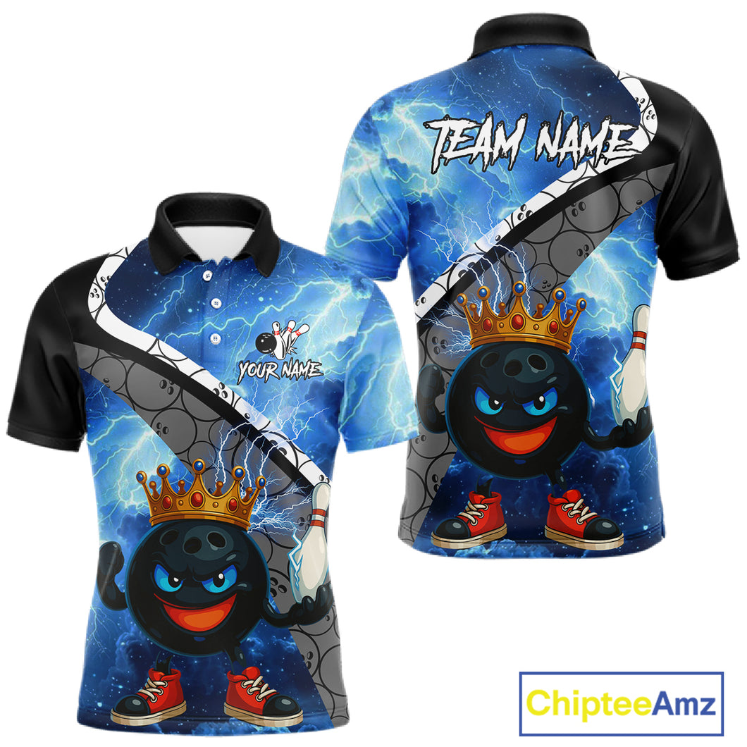 Funny King Crown Bowling Blue Lightning Thunder Bowling Shirts for Men Custom Bowling Team Jersey NQS10928