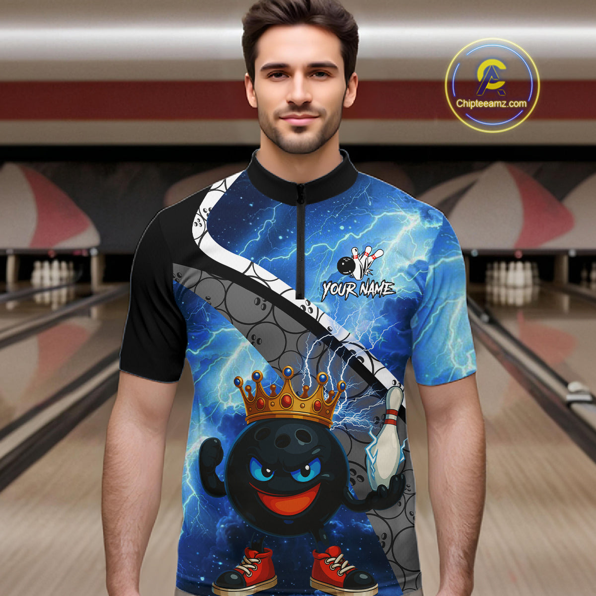 Funny King Crown Bowling Blue Lightning Thunder Bowling Shirts for Men Custom Bowling Team Jersey NQS10928