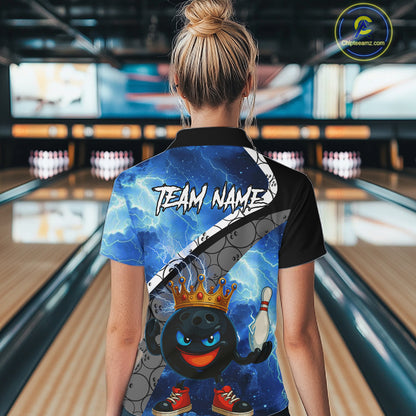 Funny King Crown Bowling Blue Lightning Thunder Bowling Shirts for Women Custom Bowling Team Jersey NQS10928