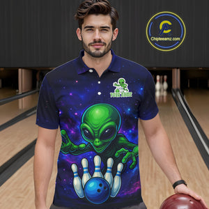 Funny Galaxy Alien Bowling Polo, 1/4 Zip Shirt For Men Custom Bowling Team Outfit, Gift For Bowler NQS10729