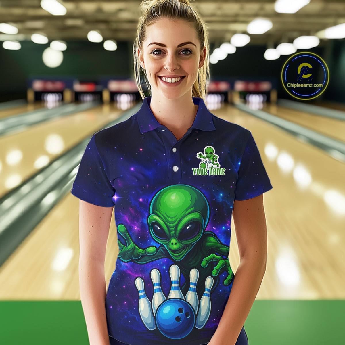 Funny Galaxy Alien Bowling Polo, 1/4 Zip Shirt For Women Custom Bowling Team Outfit, Gift For Bowler NQS10729