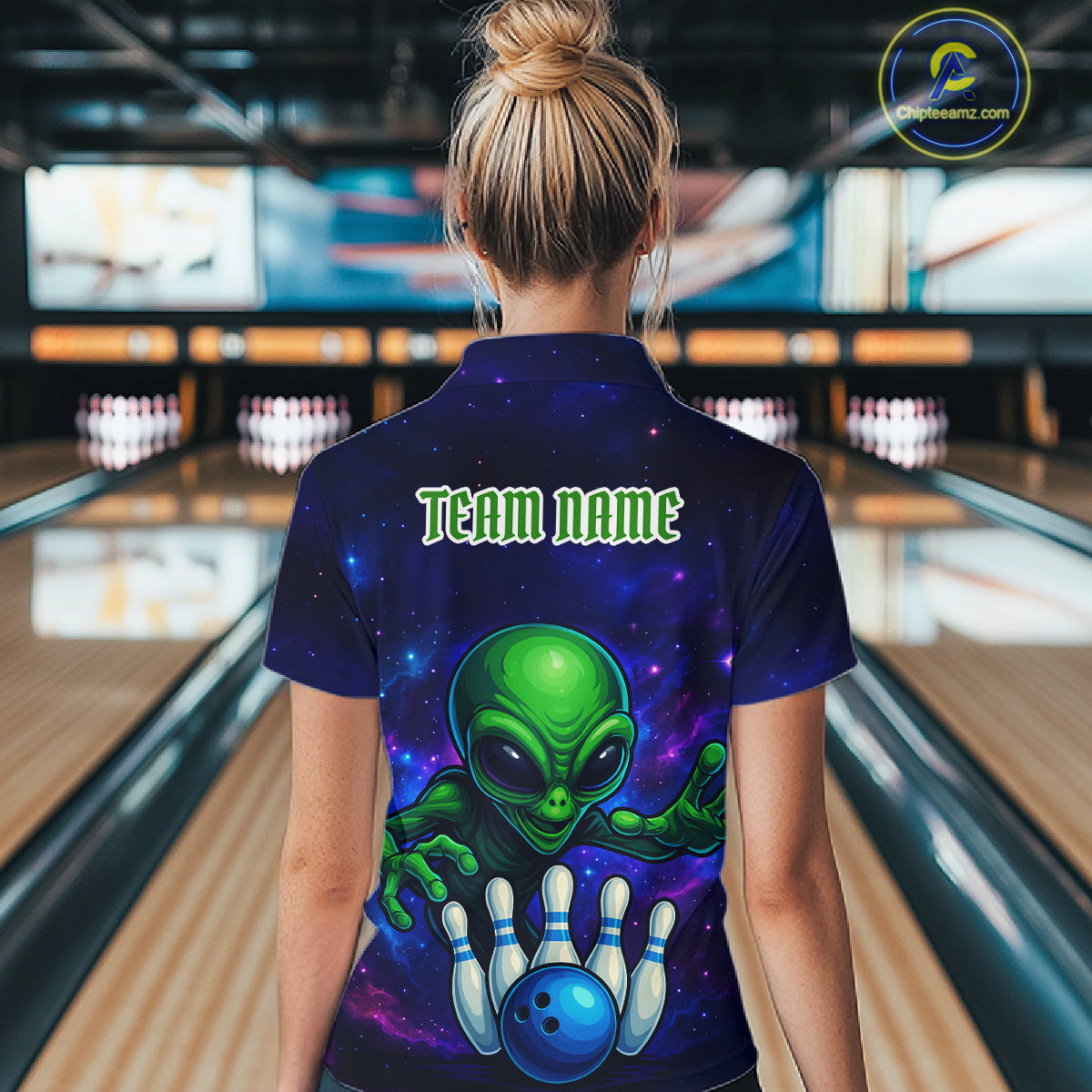 Funny Galaxy Alien Bowling Polo, 1/4 Zip Shirt For Women Custom Bowling Team Outfit, Gift For Bowler NQS10729