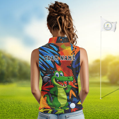 Custom Funny Colorful Graffiti Alligator Women Sleeveless Polo Shirt, Personalized ladies golf wear NQS10736