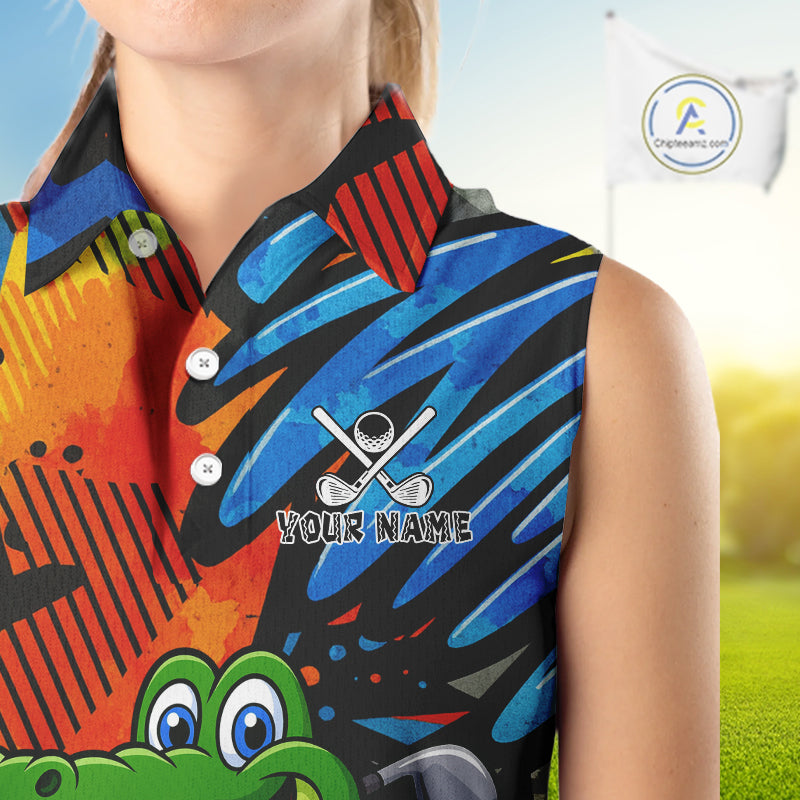 Custom Funny Colorful Graffiti Alligator Women Sleeveless Polo Shirt, Personalized ladies golf wear NQS10736