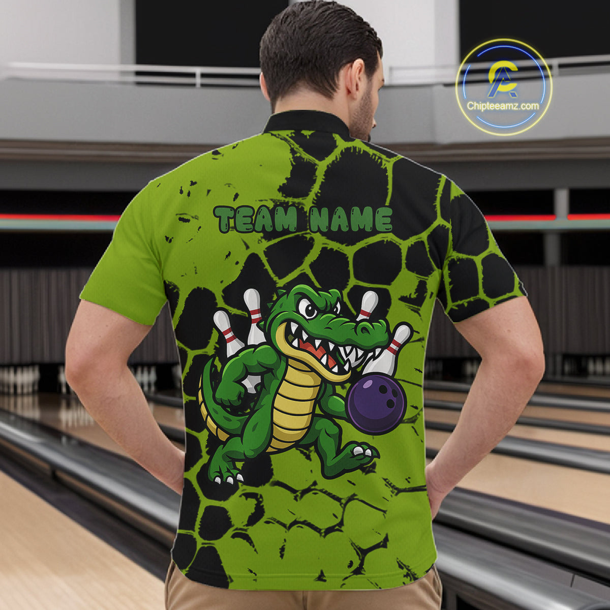 Black and Green Funny Alligator Bowling shirts for Men, Alligator Bowling Team Jersey NQS10739