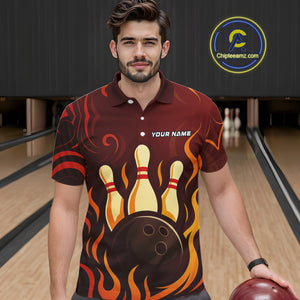 Red Flame Tribal Bowling Polo, Quarter Zip Shirts for Men Custom Team Bowling League Jerseys NQS10747