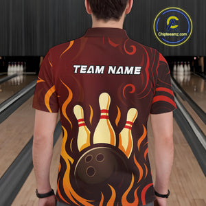 Red Flame Tribal Bowling Polo, Quarter Zip Shirts for Men Custom Team Bowling League Jerseys NQS10747