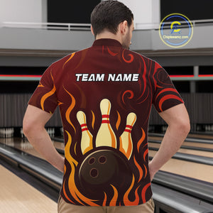 Red Flame Tribal Bowling Polo, Quarter Zip Shirts for Men Custom Team Bowling League Jerseys NQS10747