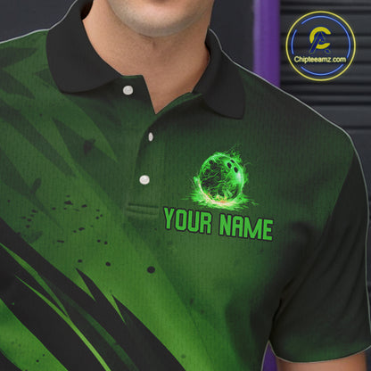 Custom Black and Green Flame Mens Bowling Shirts, Bowling Polo, 1/4 Zip Team Jerseys NQS11130