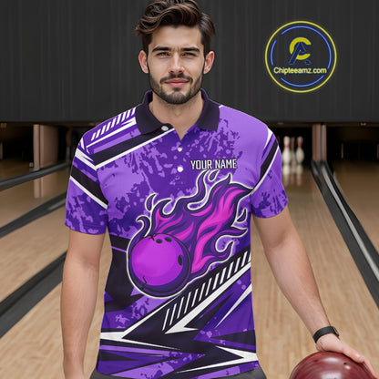 Purple Camo Flame Bowling Shirts For Men Custom Bowling Team Jerseys NQS10754