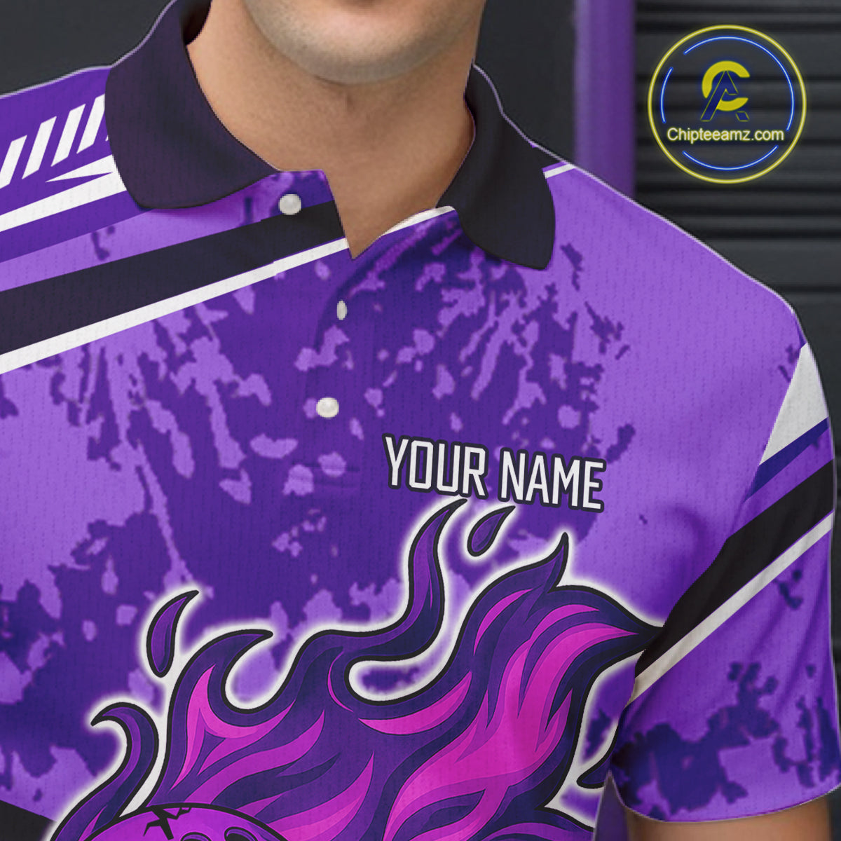 Purple Camo Flame Bowling Shirts For Men Custom Bowling Team Jerseys NQS10754