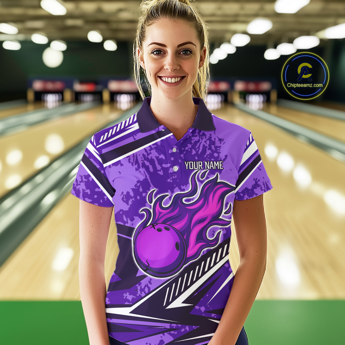 Purple Camo Flame Bowling Shirts For Women Custom Bowling Team Jerseys NQS10754