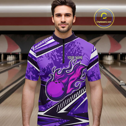 Purple Camo Flame Bowling Shirts For Men Custom Bowling Team Jerseys NQS10754