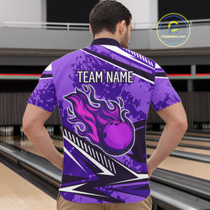 Purple Camo Flame Bowling Shirts For Men Custom Bowling Team Jerseys NQS10754