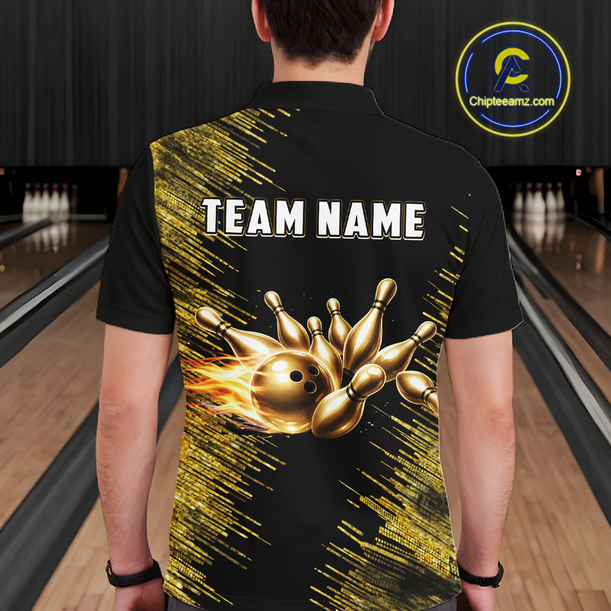 Black and Gold Flame Bowling Shirts For Men Custom Team Bowling jerseys, Gift For Bowlers NQS11342