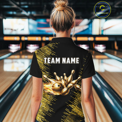 Black and Gold Flame Bowling Shirts For Women Custom Team Bowling jerseys, Gift For Bowlers NQS11342