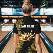 Load image into Gallery viewer, Black and Gold Flame Bowling Shirts For Women Custom Team Bowling jerseys, Gift For Bowlers NQS11342