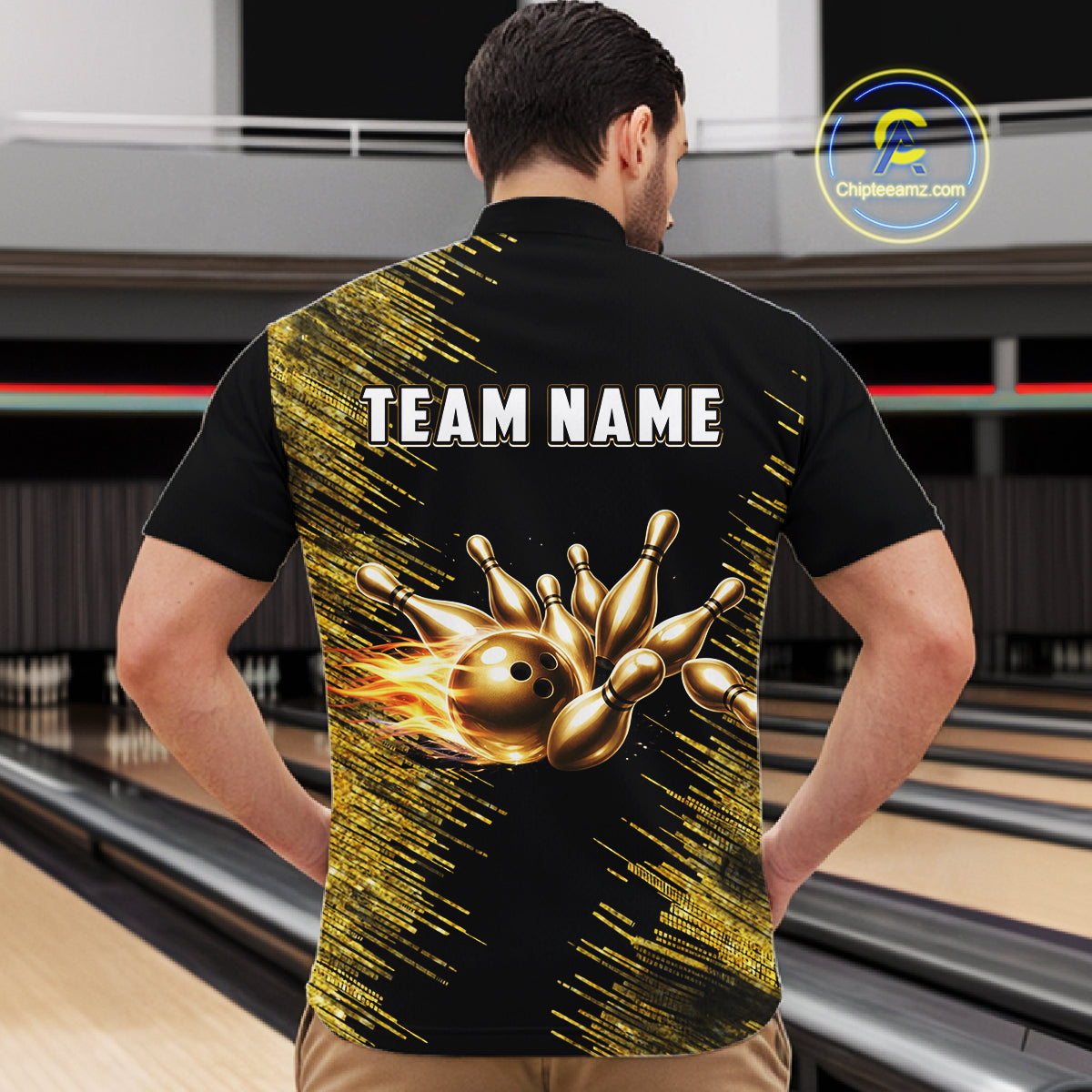 Black and Gold Flame Bowling Shirts For Men Custom Team Bowling jerseys, Gift For Bowlers NQS11342
