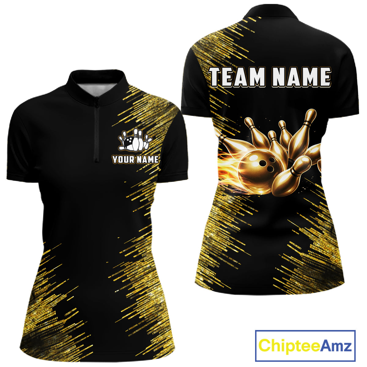 Black and Gold Flame Bowling Shirts For Women Custom Team Bowling jerseys, Gift For Bowlers NQS11342