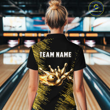 Load image into Gallery viewer, Black and Gold Flame Bowling Shirts For Women Custom Team Bowling jerseys, Gift For Bowlers NQS11342