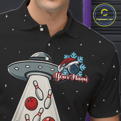 Funny Santa UFO Alien Black Bowling Polo, 1/4 Zip Shirts For Men Custom Christmas Team Bowling Jersey NQS10766