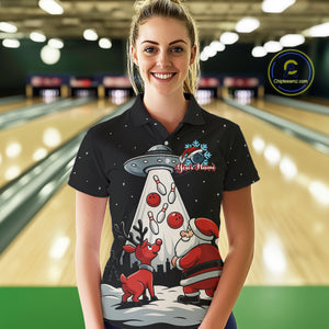 Funny Santa UFO Alien Black Women Bowling Polo, 1/4 Zip Shirts Custom Christmas Team Bowling Jersey NQS10766
