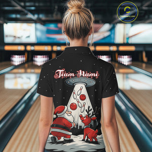 Funny Santa UFO Alien Black Women Bowling Polo, 1/4 Zip Shirts Custom Christmas Team Bowling Jersey NQS10766