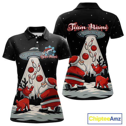 Funny Santa UFO Alien Black Women Bowling Polo, 1/4 Zip Shirts Custom Christmas Team Bowling Jersey NQS10766