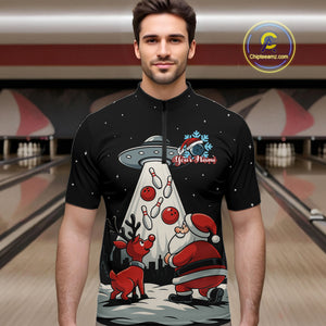 Funny Santa UFO Alien Black Bowling Polo, 1/4 Zip Shirts For Men Custom Christmas Team Bowling Jersey NQS10766