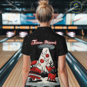 Funny Santa UFO Alien Black Women Bowling Polo, 1/4 Zip Shirts Custom Christmas Team Bowling Jersey NQS10766
