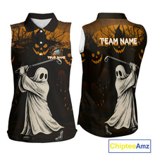 Load image into Gallery viewer, Funny black and orange Ghost Golfer Halloween Sleeveless Polo Shirt Custom golf attire for ladies NQS10767