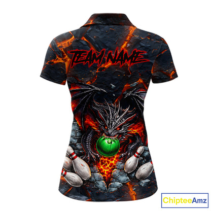 Custom Black & Orange Magma Dragon Bowling Shirts, Dragon Bowling Team Polo, 1/4 zip Jersey For Women NQS11559