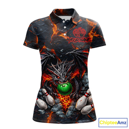 Custom Black & Orange Magma Dragon Bowling Shirts, Dragon Bowling Team Polo, 1/4 zip Jersey For Women NQS11559