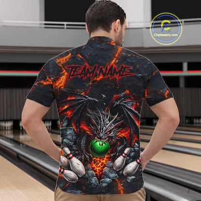 Custom Black And Orange Magma Dragon Bowling Shirts, Dragon Bowling Team Polo, 1/4 zip Jersey For Men NQS11559
