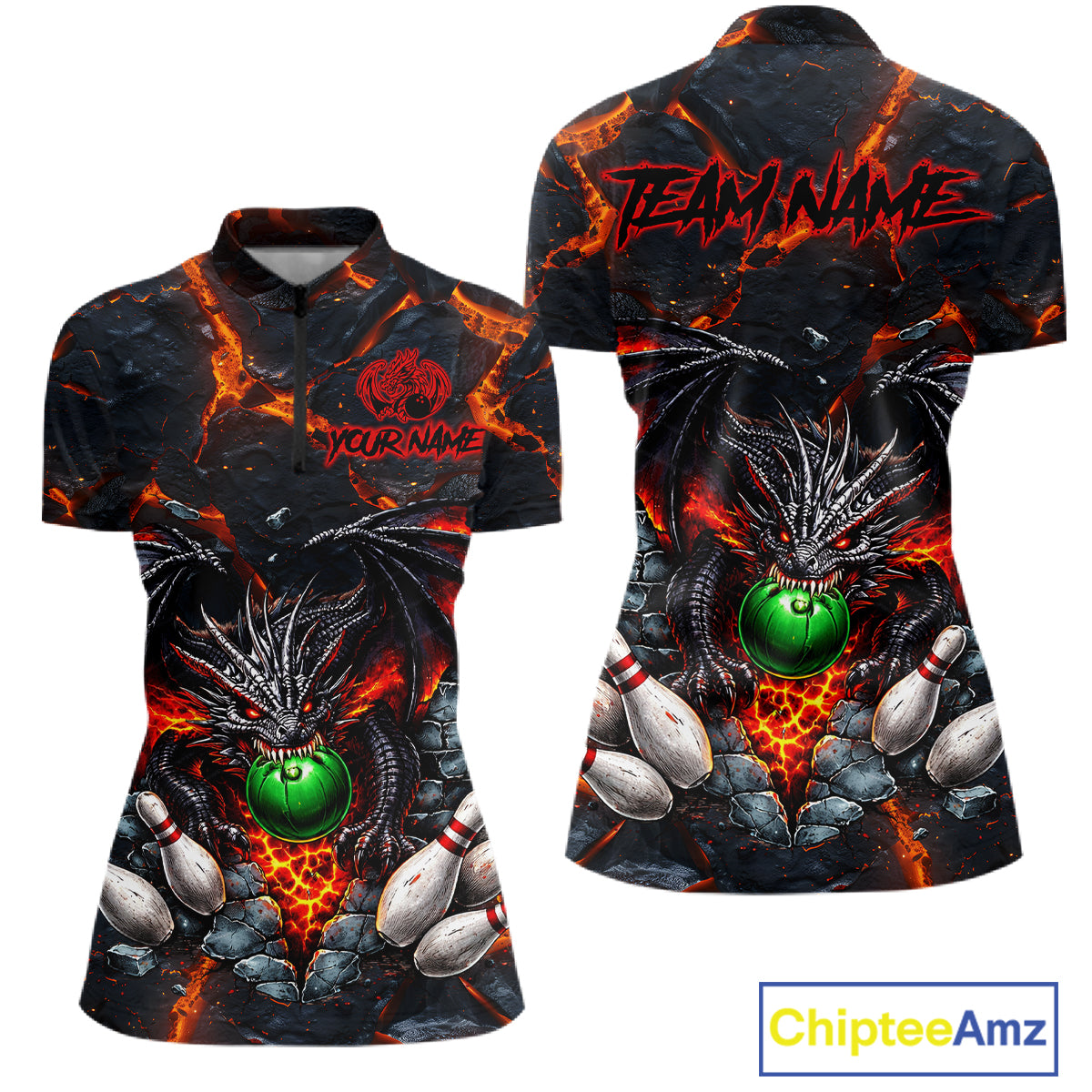 Custom Black & Orange Magma Dragon Bowling Shirts, Dragon Bowling Team Polo, 1/4 zip Jersey For Women NQS11559