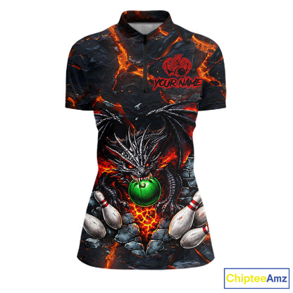 Custom Black & Orange Magma Dragon Bowling Shirts, Dragon Bowling Team Polo, 1/4 zip Jersey For Women NQS11559
