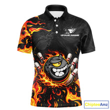 Load image into Gallery viewer, Funny Angry Bowling Polo, 1/4 Zip Shirt for Men Custom Black and Orange Flame Bowling Team jerseys NQS11683