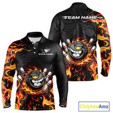 Load image into Gallery viewer, Funny Angry Bowling Polo, 1/4 Zip Shirt for Men Custom Black and Orange Flame Bowling Team jerseys NQS11683