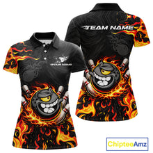 Load image into Gallery viewer, Funny Angry Bowling Polo, 1/4 Zip Shirt for Women Custom Black and Orange Flame Bowling Team jerseys NQS11683