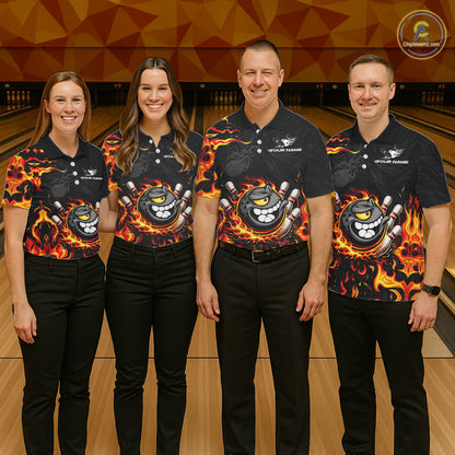 Funny Angry Bowling Polo, 1/4 Zip Shirt for Women Custom Black and Orange Flame Bowling Team jerseys NQS11683